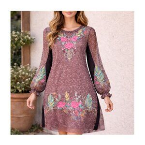 BIYA JOHNNY WAS | Embroidered Floral Sheer Mesh Long Sleeve Dress Knee Length S